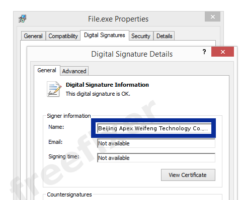 Screenshot of the Beijing Apex Weifeng Technology Co.,Ltd. certificate